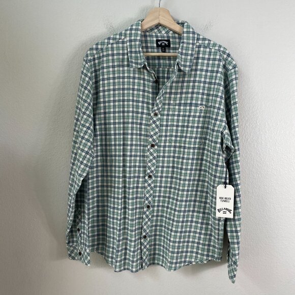 NEW Billabong Mens Large Coastline Flannel Shirt Green Plaid Wave Washed - Picture 1 of 9